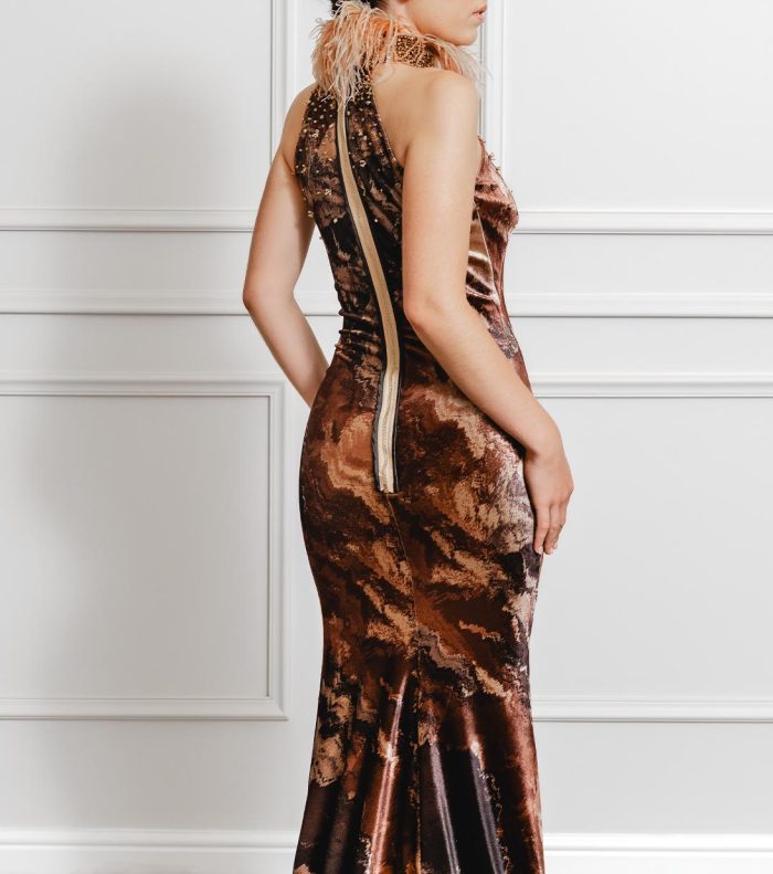 Amalia Marble Printed Velvet Evening Gown - Image 4