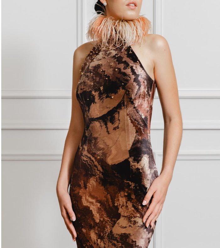 Amalia Marble Printed Velvet Evening Gown - Image 3