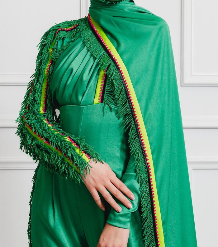 Mia Satin Jumpsuit with Matching Fringe & Multi-Colour Trims - Image 3