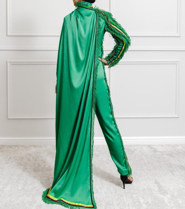 Mia Satin Jumpsuit with Matching Fringe & Multi-Colour Trims - Image 2