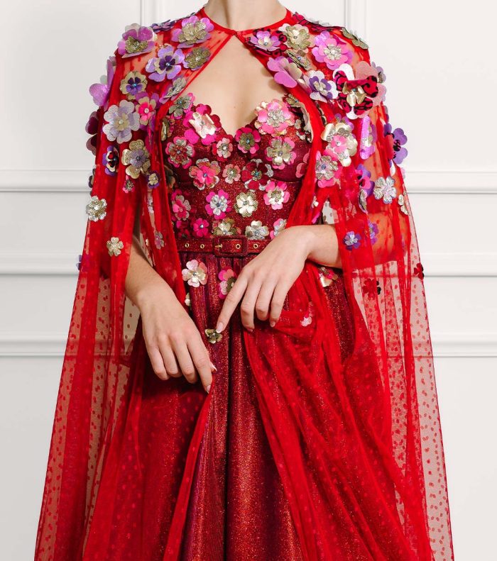 Skye Two-tone Red Sparkle Evening Gown and Cape - Image 5
