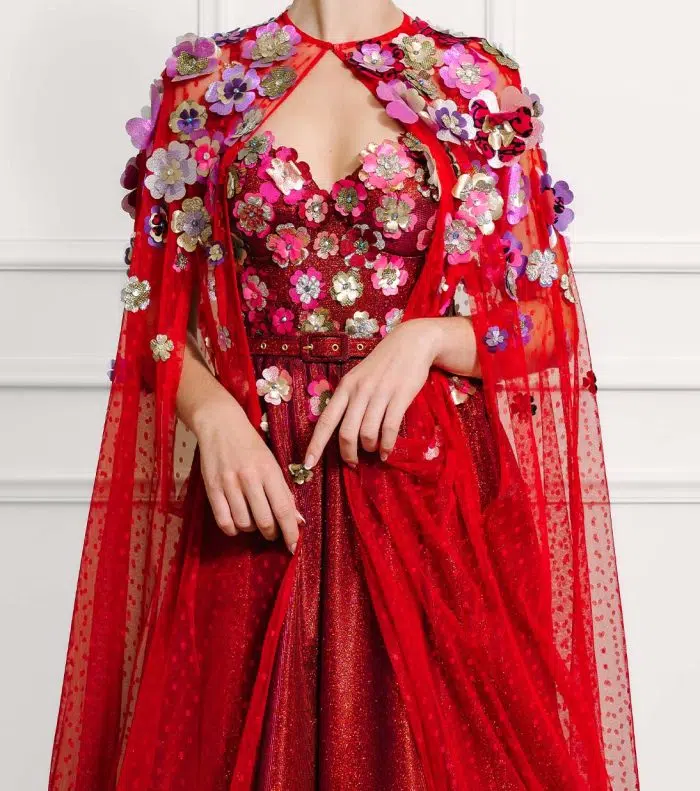 Skye Two-tone Red Sparkle Evening Gown and Cape - Image 5