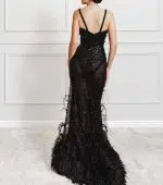 Semone Black Beaded Evening Gown with Ostrich Feathers - Image 2