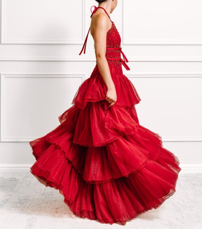 Sian Halter neck Red Ruffle Ballgown - Image 3