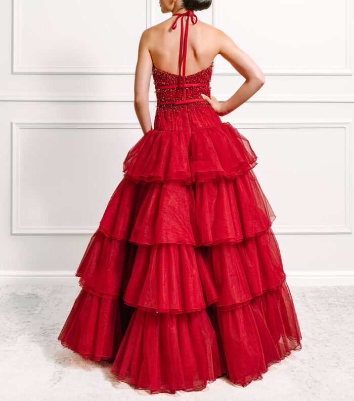 Sian Halter neck Red Ruffle Ballgown - Image 2